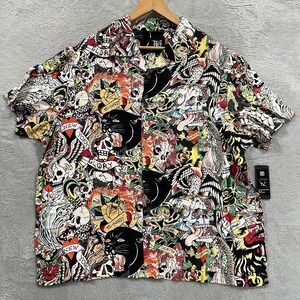 Ed Hardy Shirt Men XL‎ Button Down Hawaiian Art Japanese Tiger Tattoo Graphic